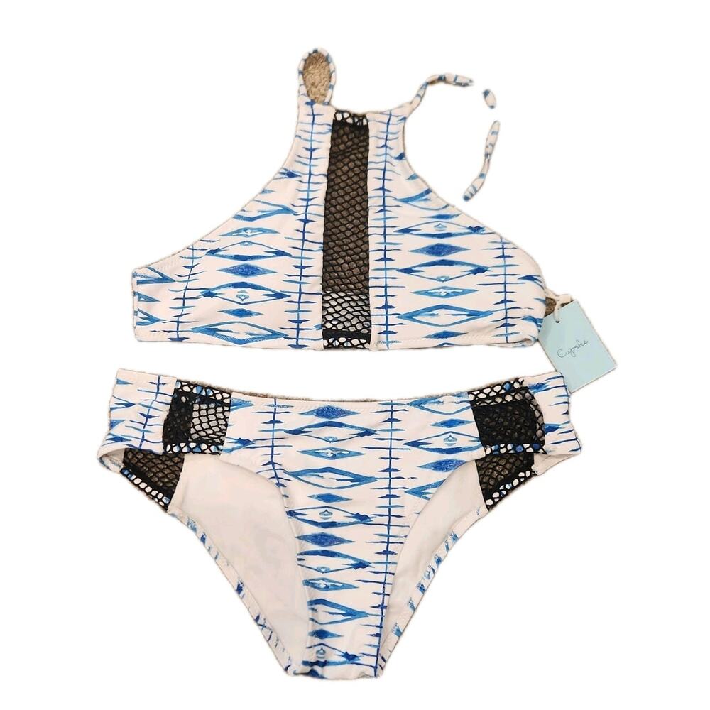Nwt Cupshe Blue And White Mesh Cut Outs Bikini‎ Sz L